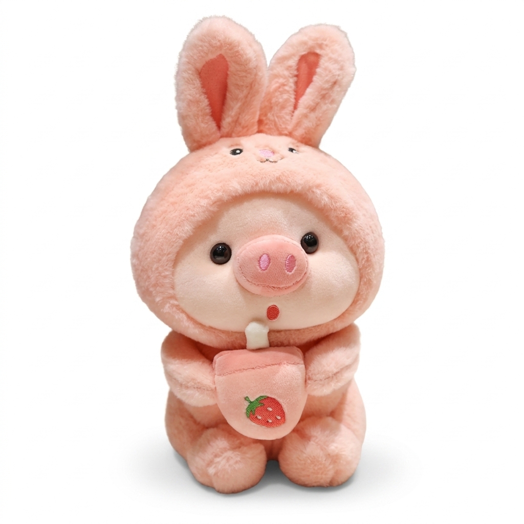 Cute Pig Bunny Plush Toy with Strawberry Drink