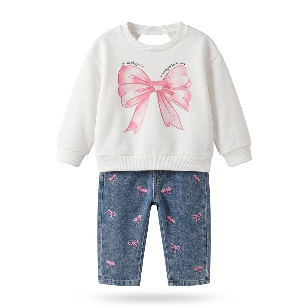 Girls' Bow Sweatshirt & Denim Jeans Set