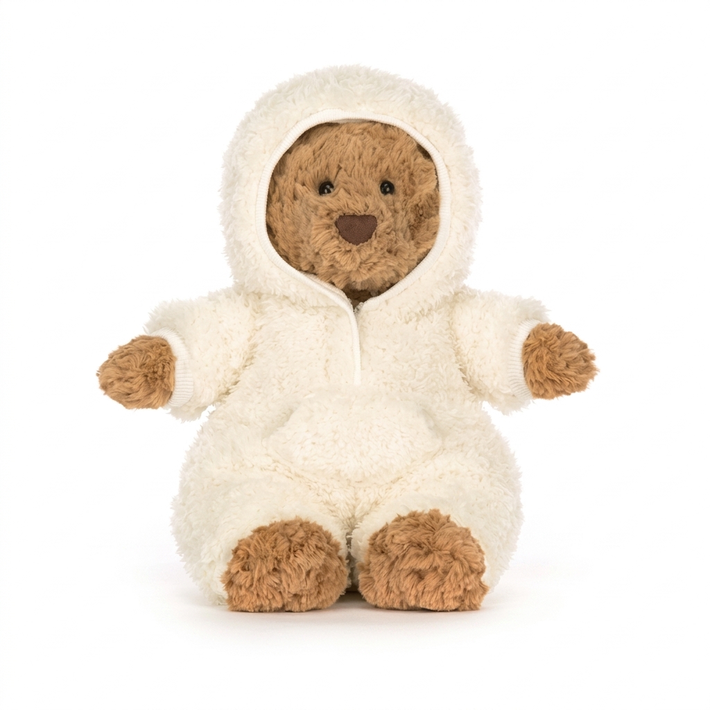 Cute Teddy Bear Plush Toy in Cream Jumpsuit