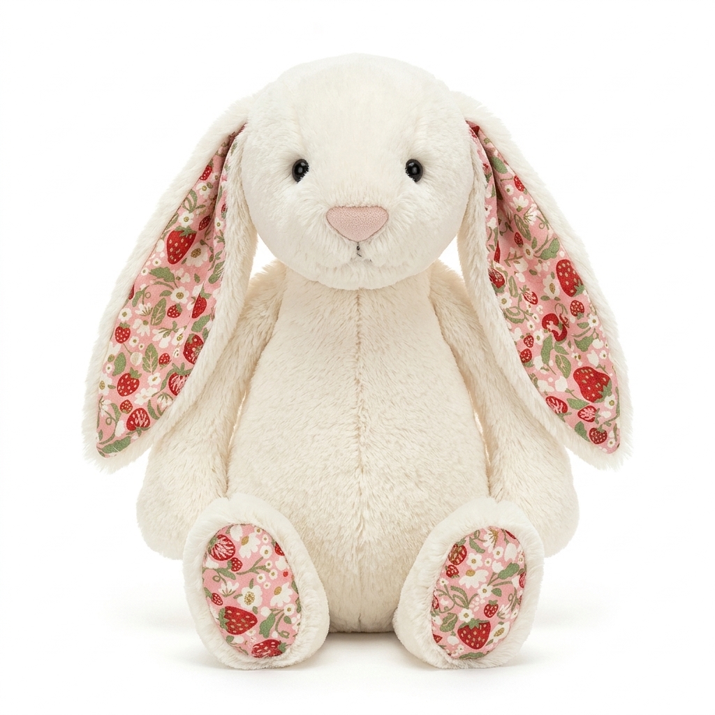 Cream Bunny Plush Toy with Strawberry Print Ears