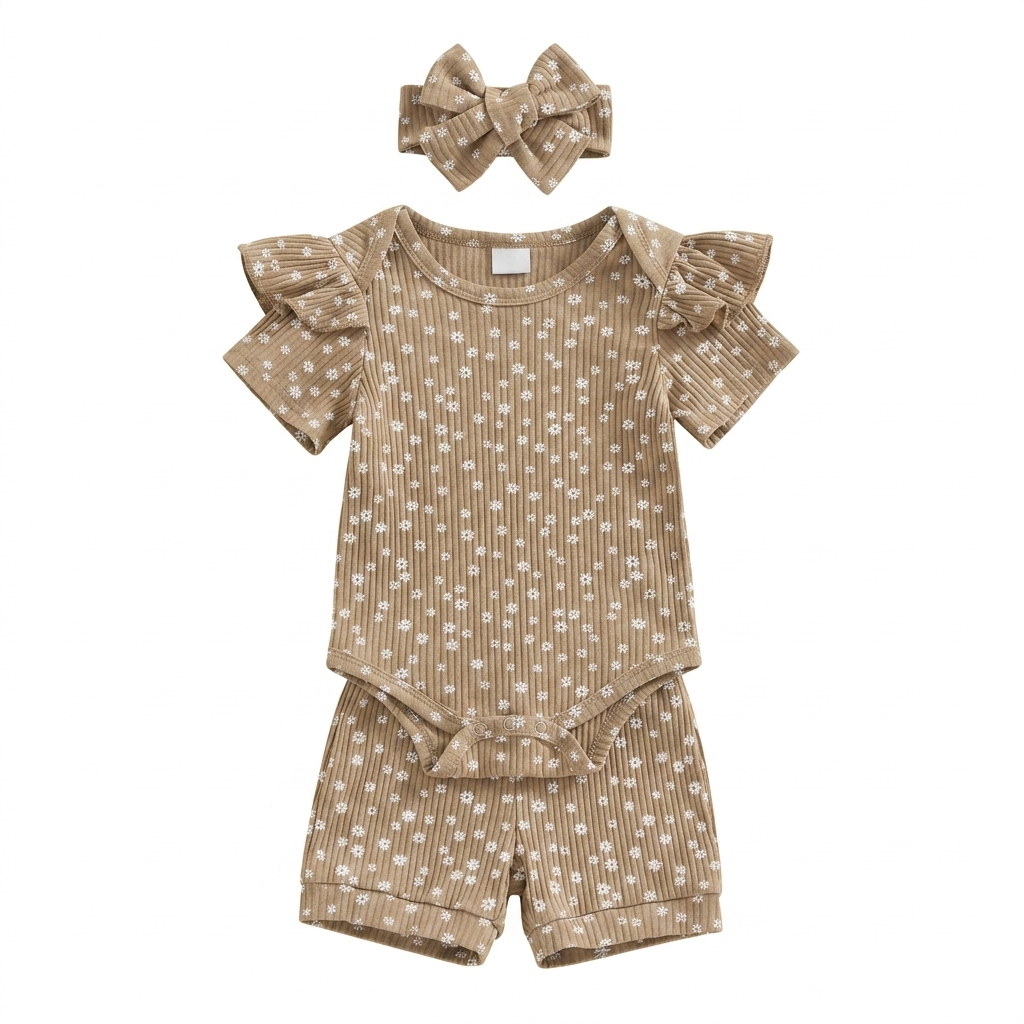 Baby Girl Ribbed Floral Outfit Set with Headband