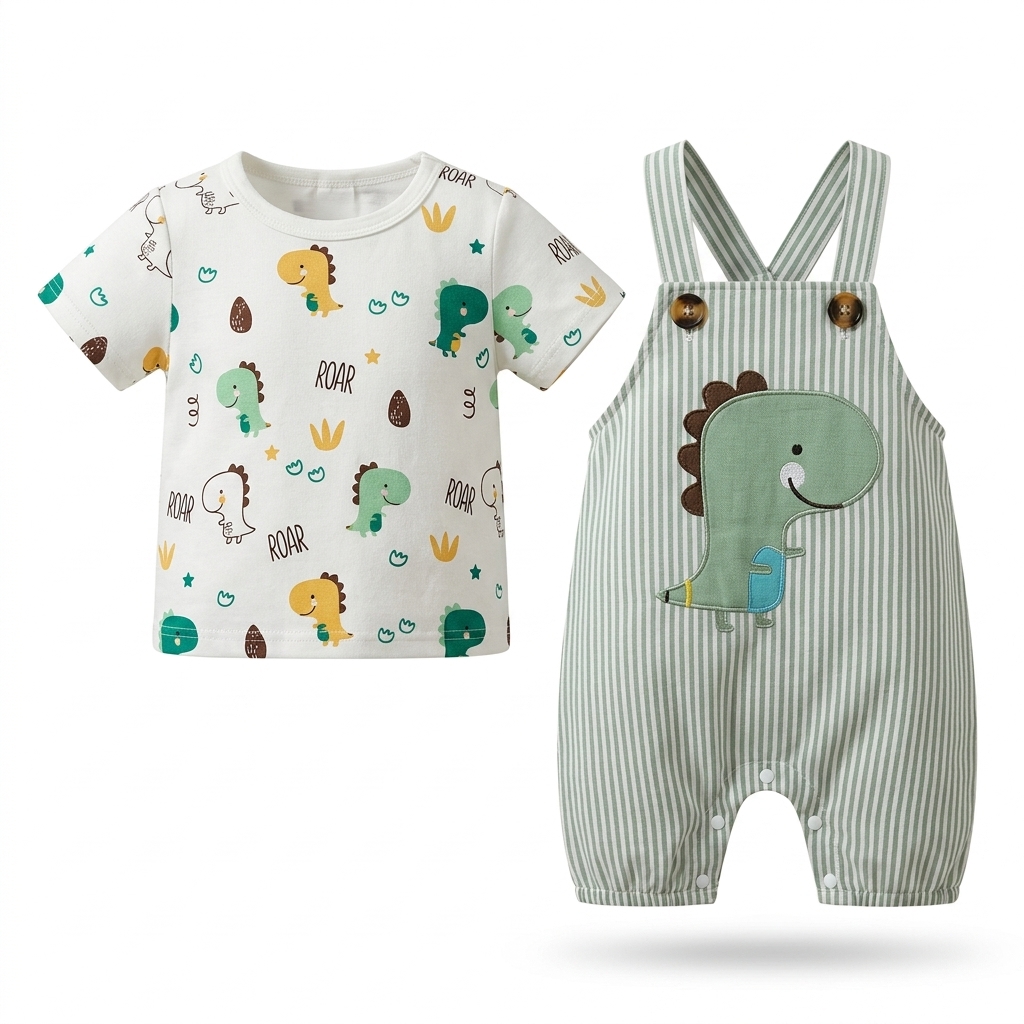 Baby Dinosaur T-Shirt & Striped Overall Set