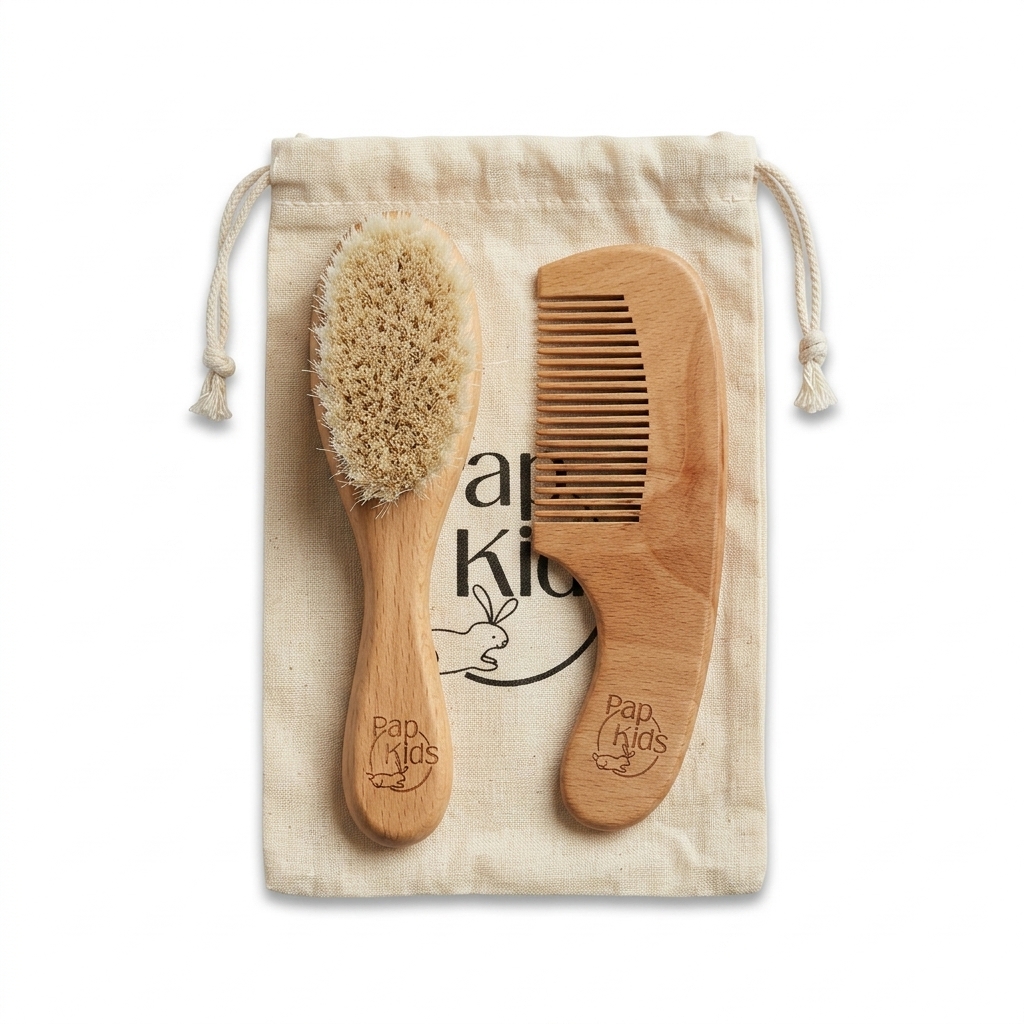 Baby Wooden Hair Brush & Comb Set with Bag | Pap Kids