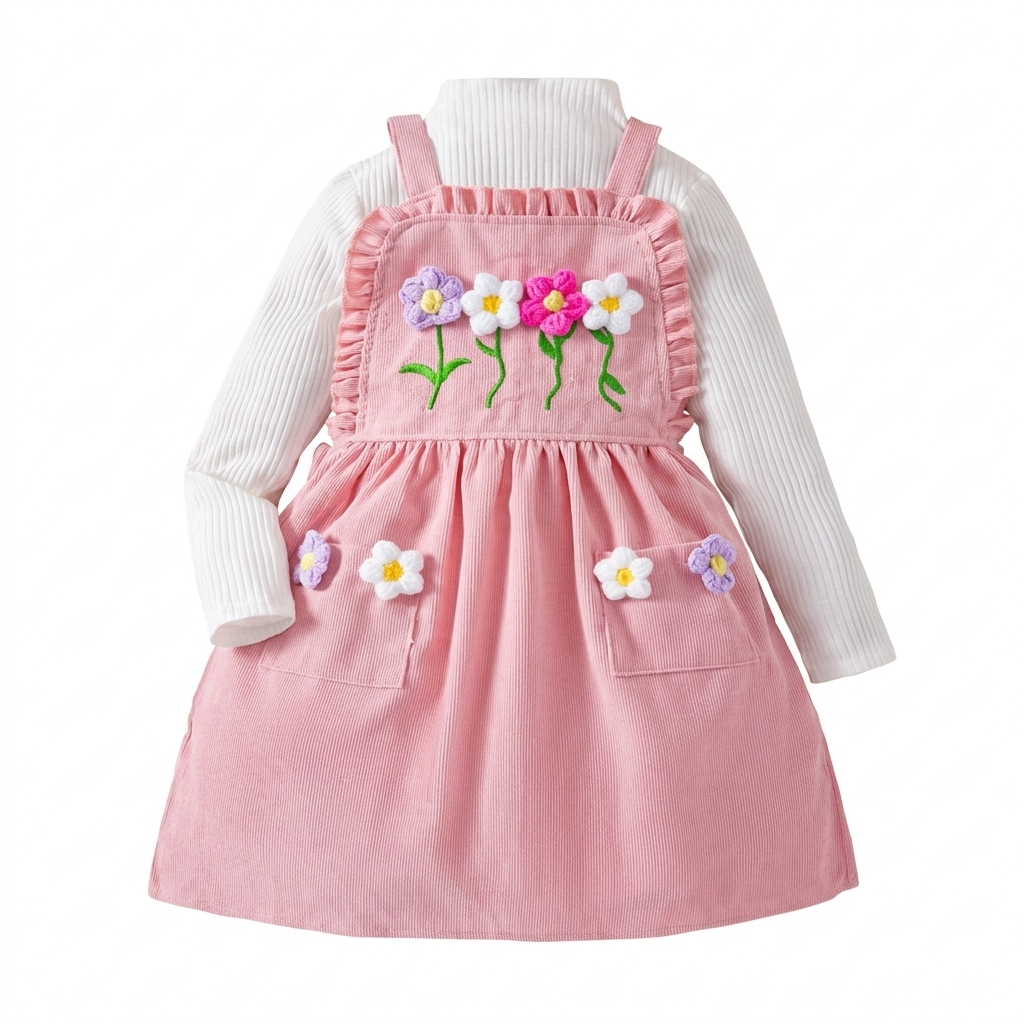 Girls Corduroy Floral Pinafore Dress Set
