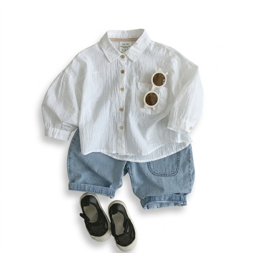 Kids' Casual White Shirt Denim Shorts Set