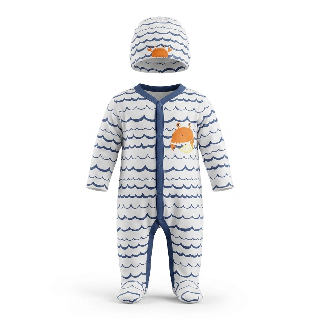 Baby Crab Wave Print Romper & Hat Set
