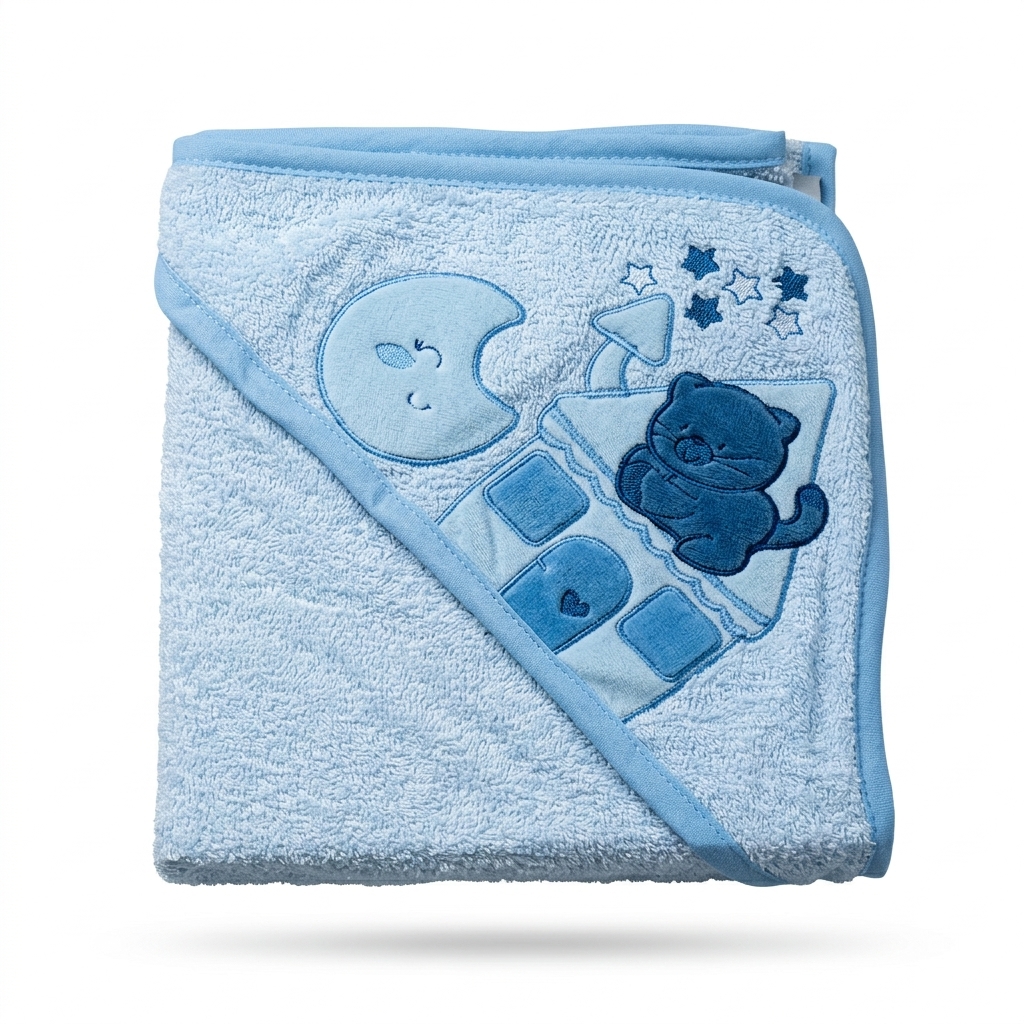 Blue Baby Hooded Bath Towel with Cat Design