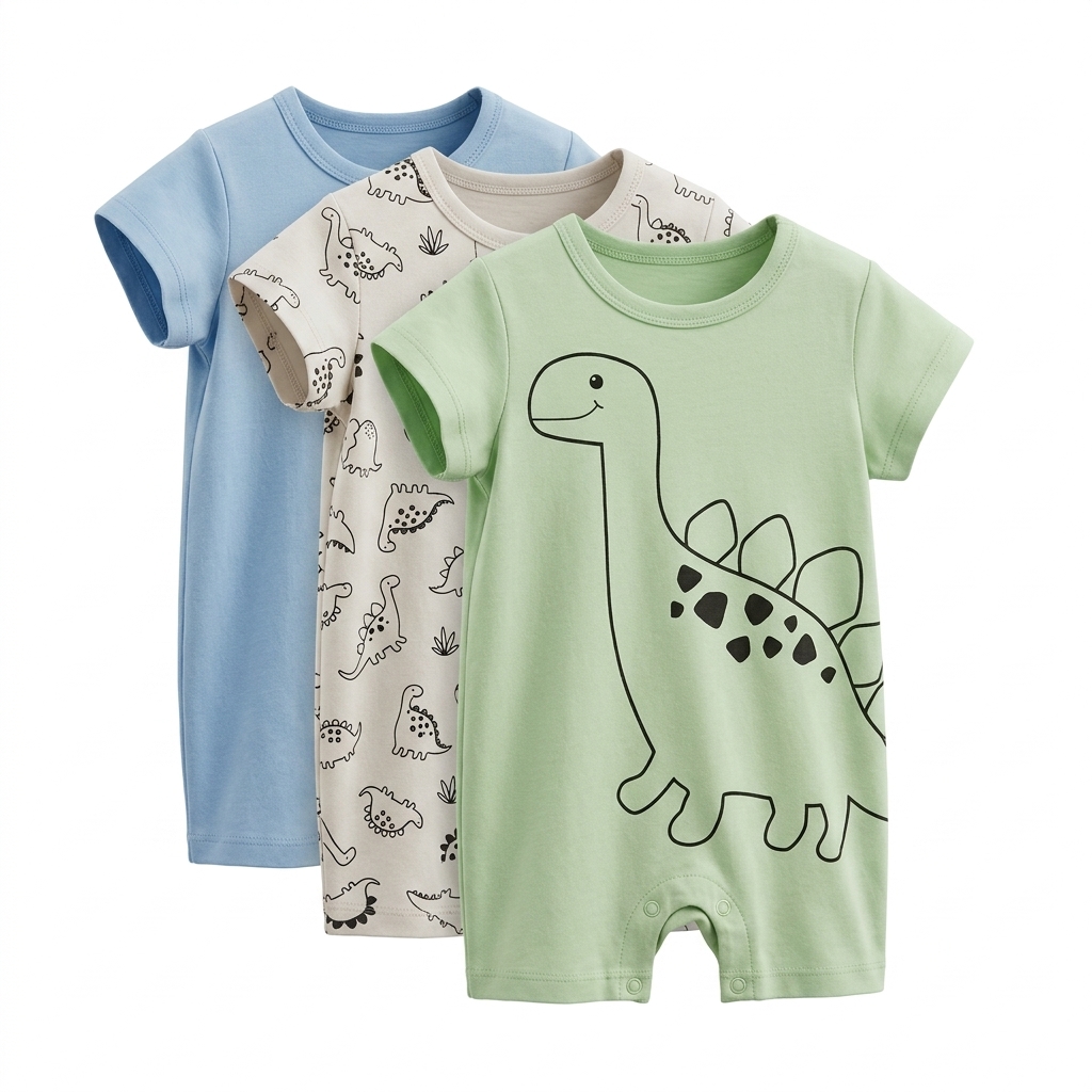 Baby Dinosaur Print Cotton Rompers 3-Pack