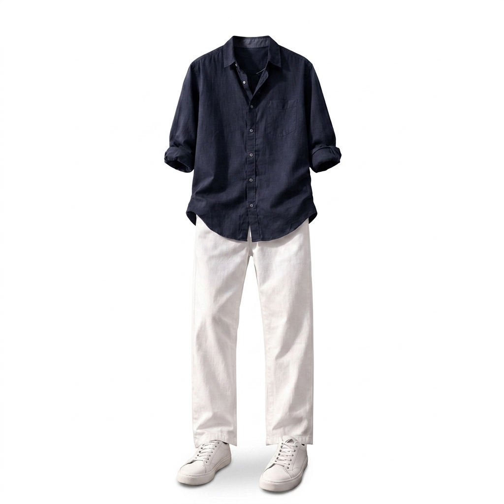 Men's Casual Navy Shirt & White Chinos Outfit