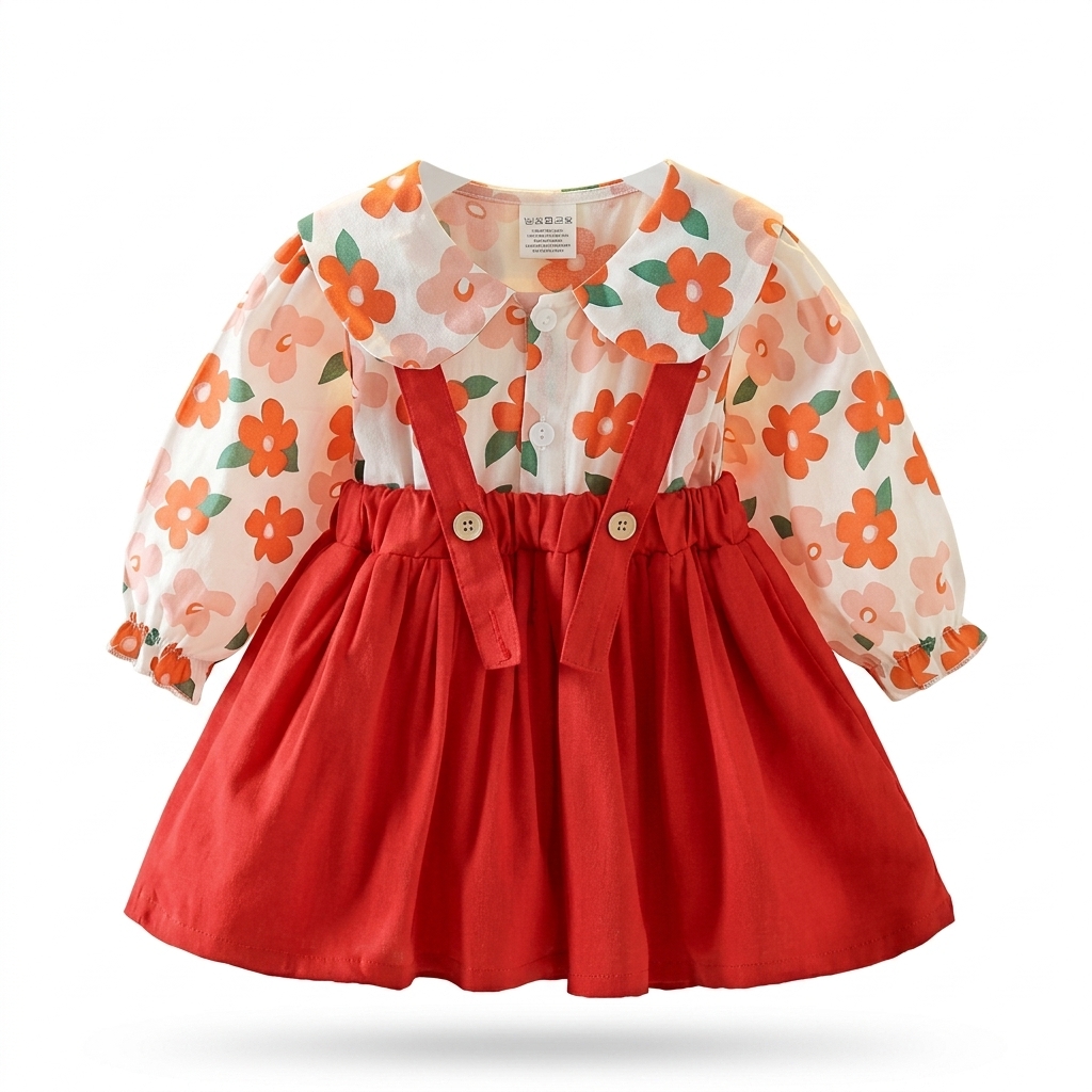Baby Girls Floral Long Sleeve Suspender Skirt Dress