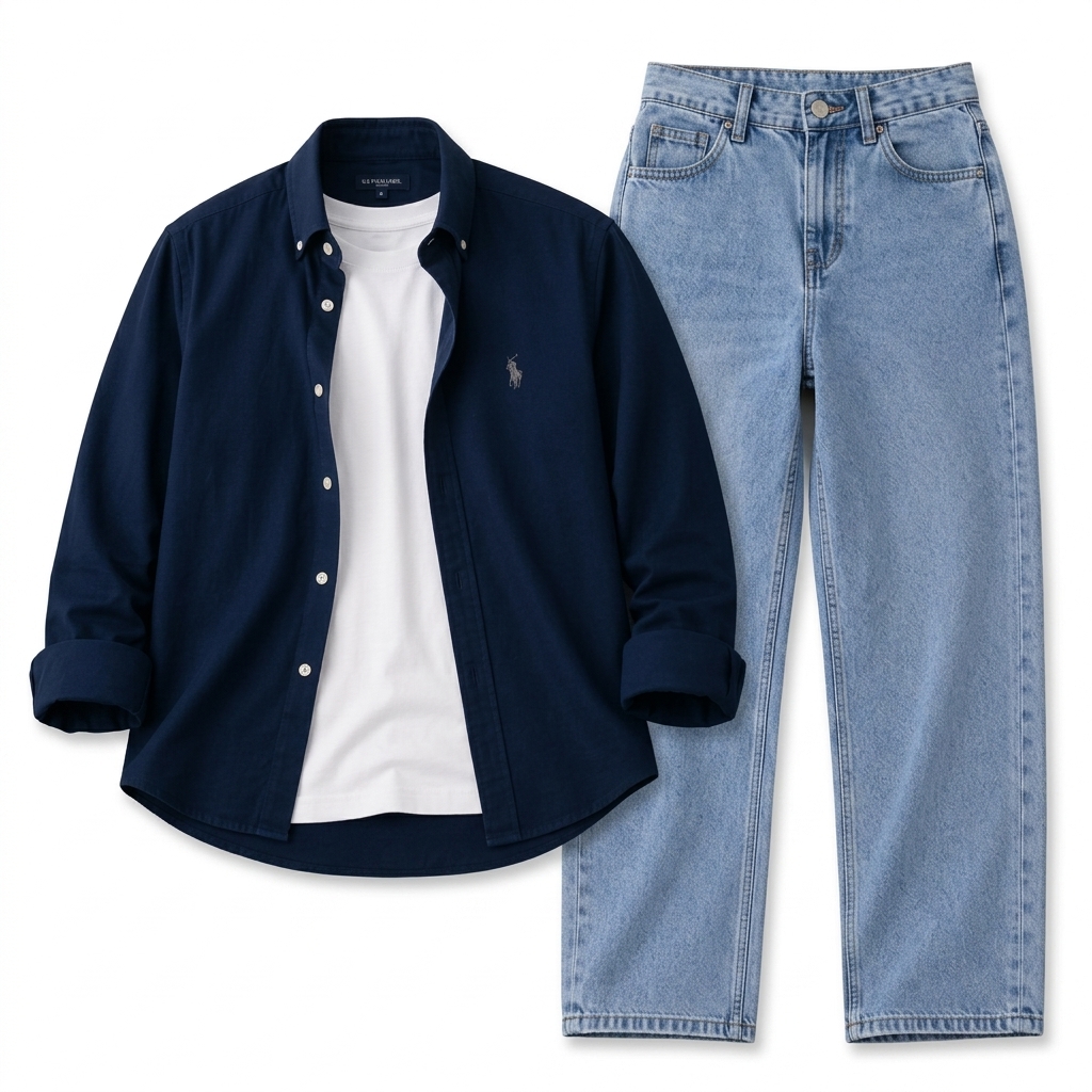 Men's Navy Shirt & Light Blue Jeans Outfit