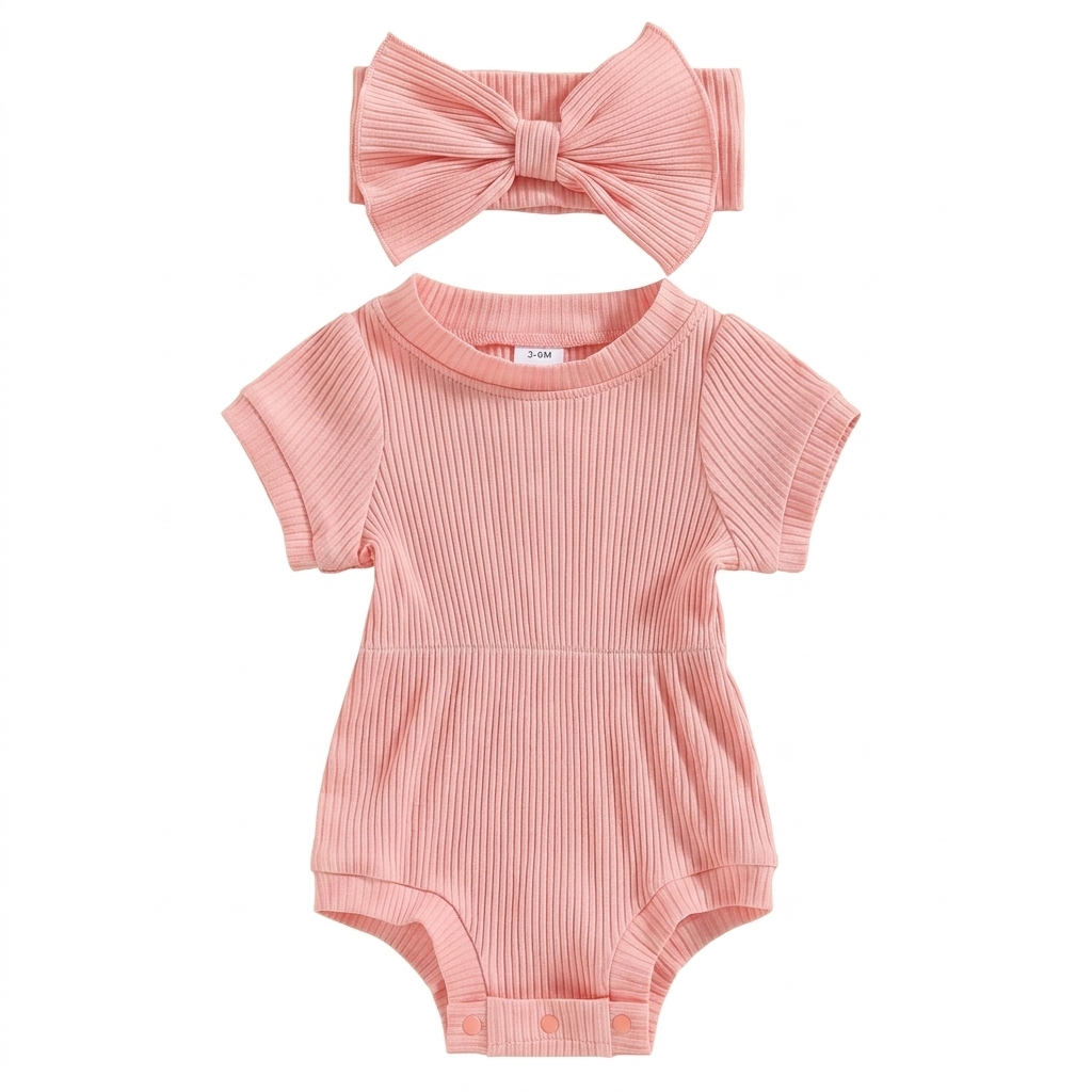Pink Ribbed Baby Romper & Headband Set