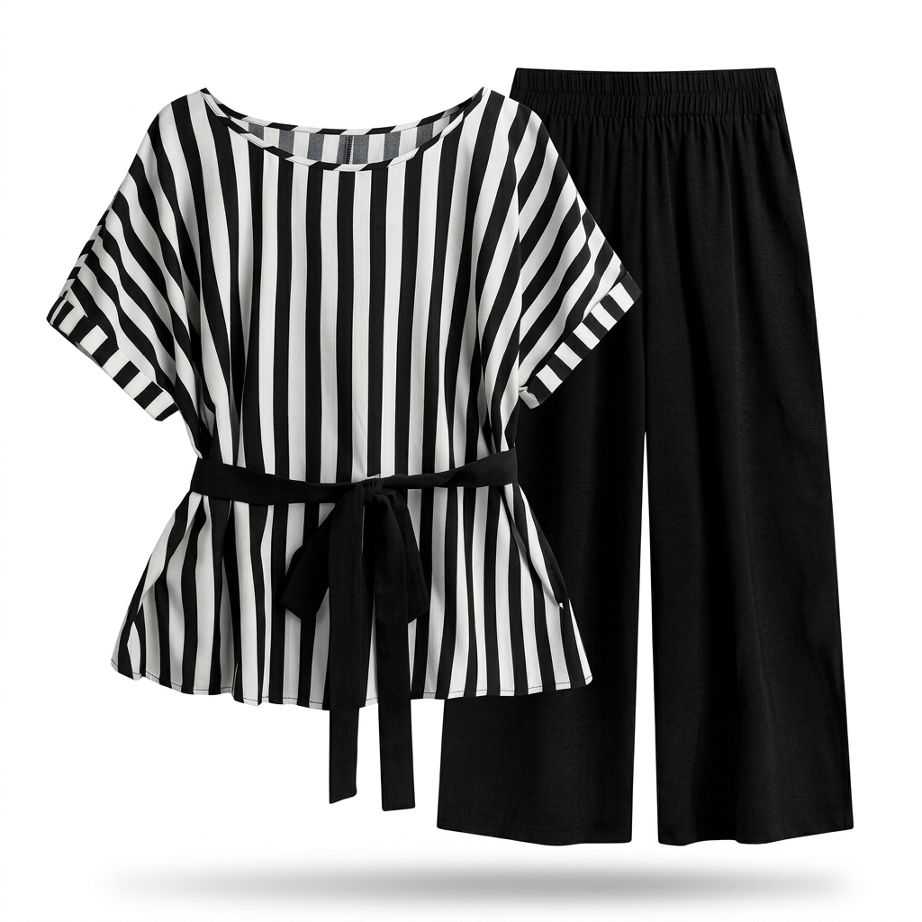 Striped Peplum Top & Solid Black Pants Set