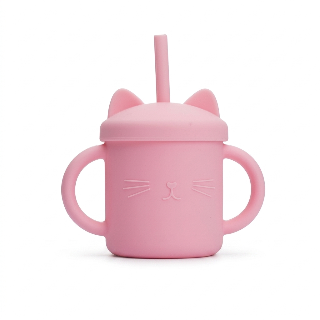 Pink Silicone Cat Sippy Cup with Straw