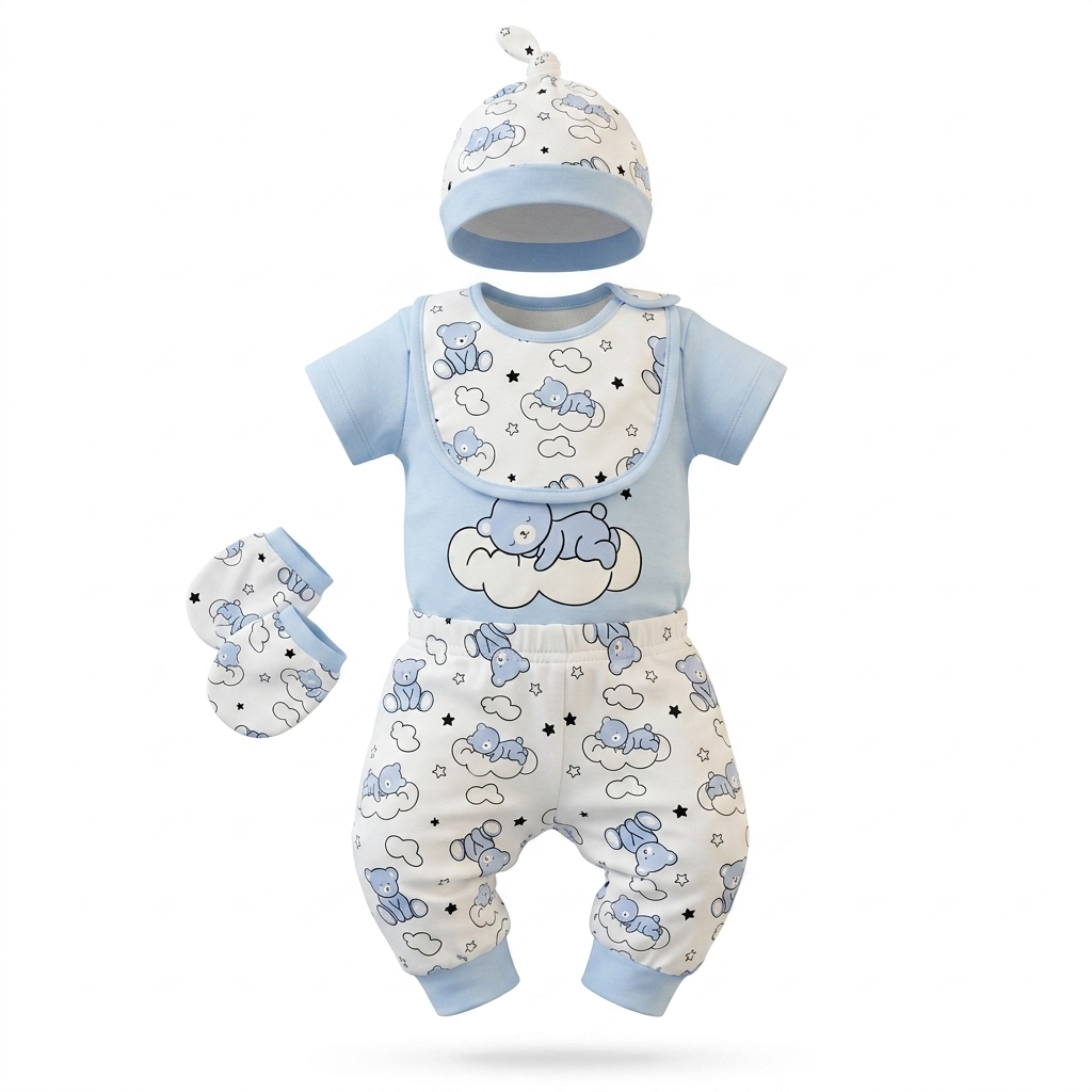 Newborn Baby Boy Sleepy Bear Print 5-Piece Set