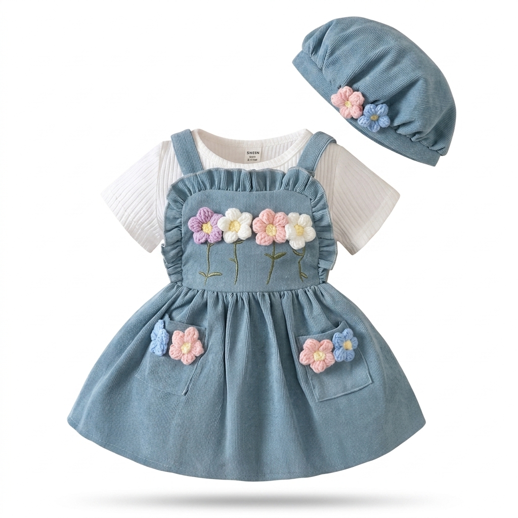 Baby Girls Floral Corduroy Dress & Hat Set