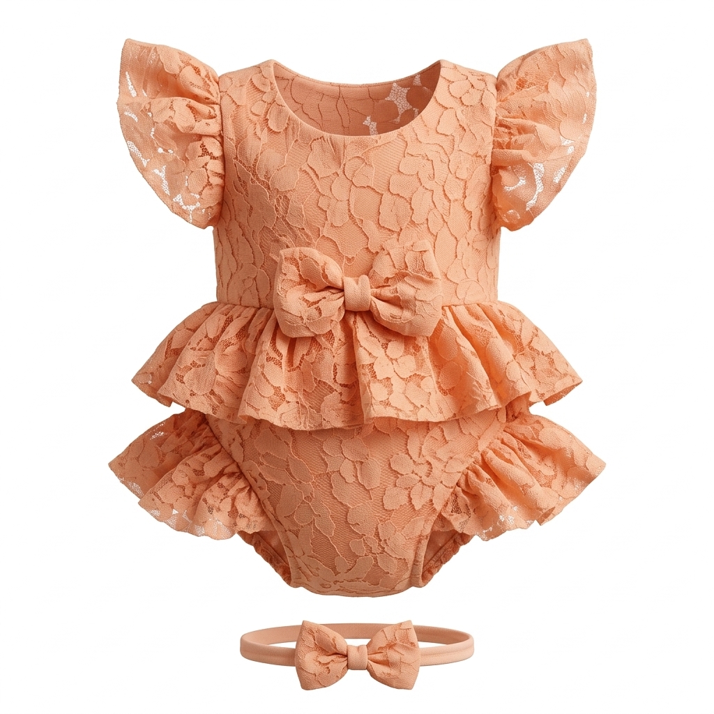 Baby Girl Peach Lace Ruffle Romper & Headband