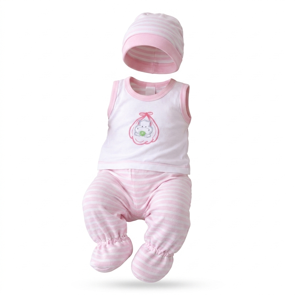 Baby Girl Pink Striped Outfit Set with Hat