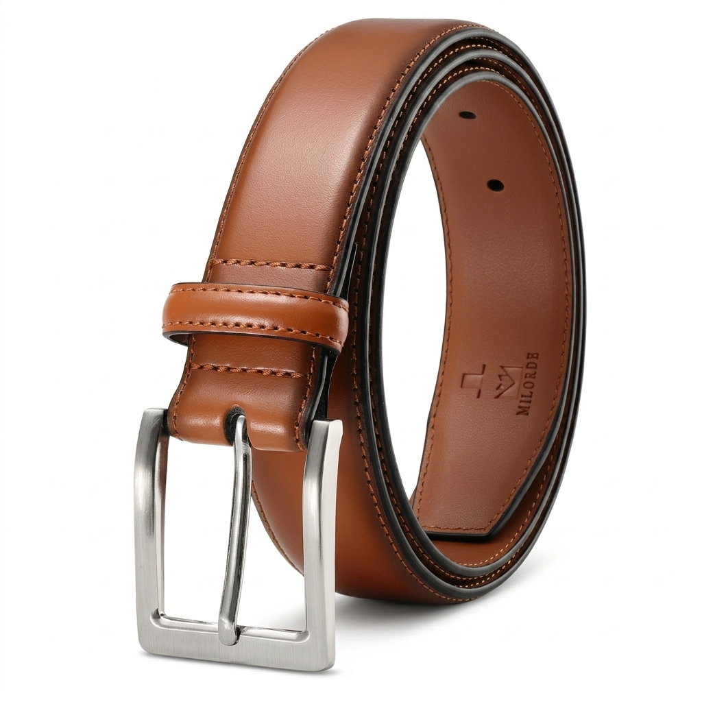 Men's Tan Leather Belt with Silver Buckle