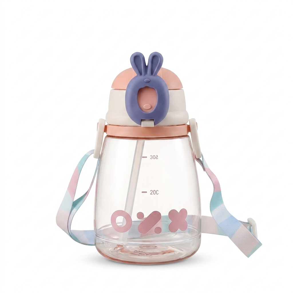 Cute Bunny Kids Water Bottle with Straw & Strap