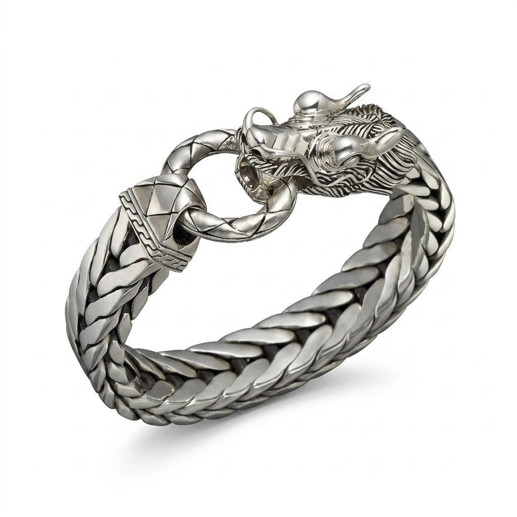 Silver Dragon Head Braided Bracelet