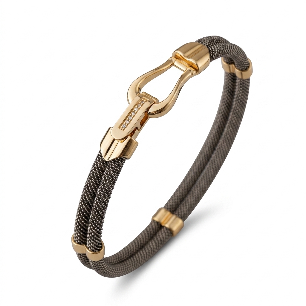Diamond-Accented Gold Hook Mesh Bracelet