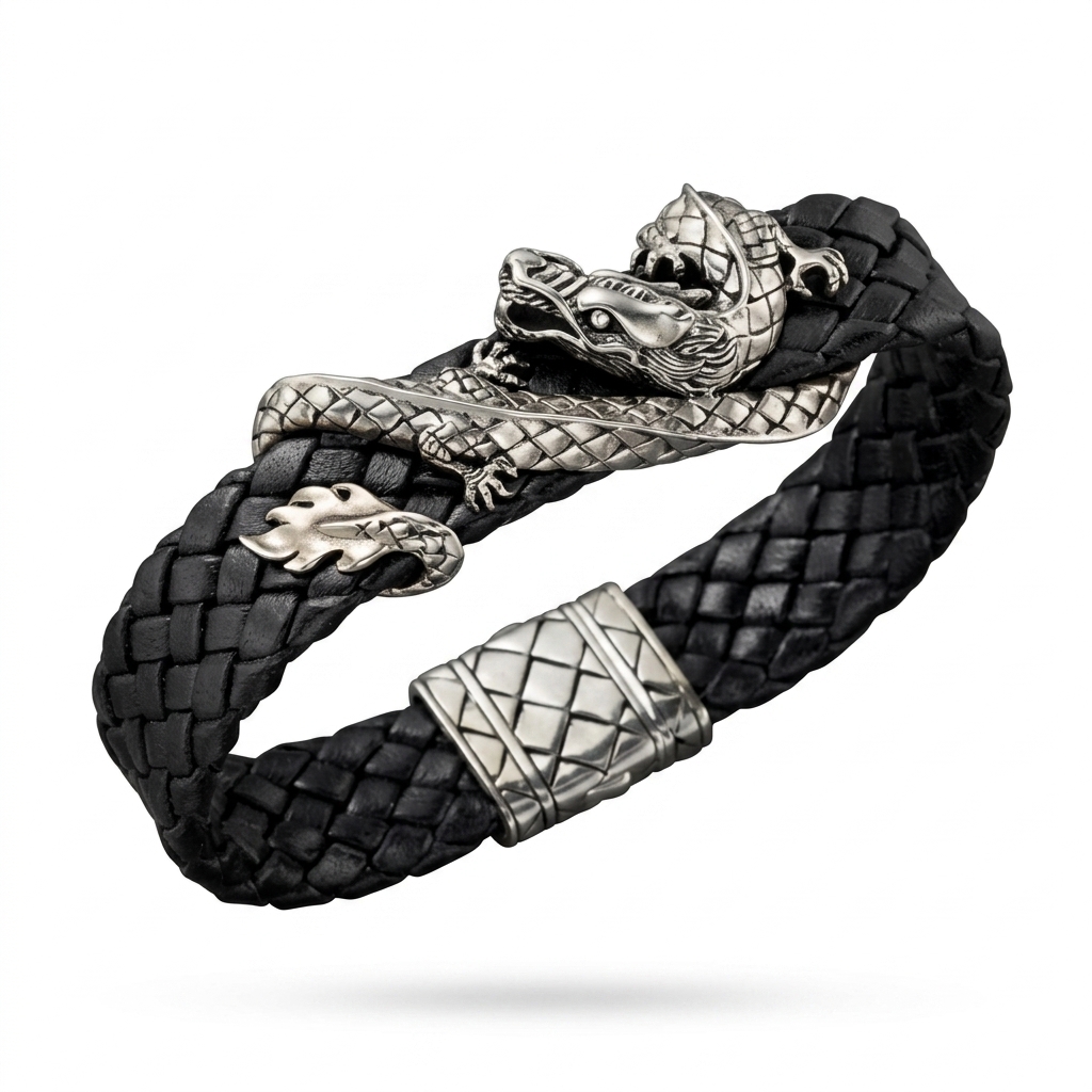 Men's Silver Dragon Braided Leather Bracelet