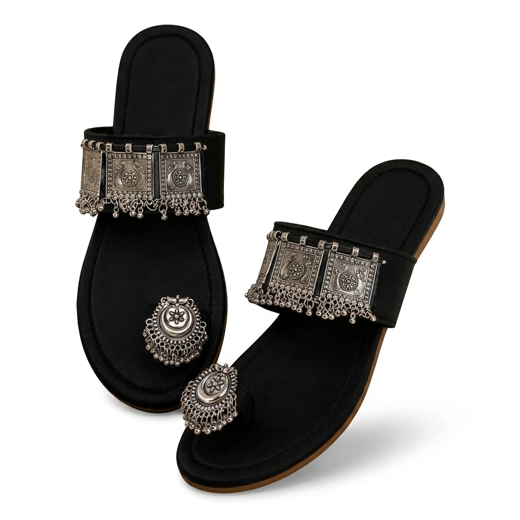 Ethnic Black Toe-Ring Flats