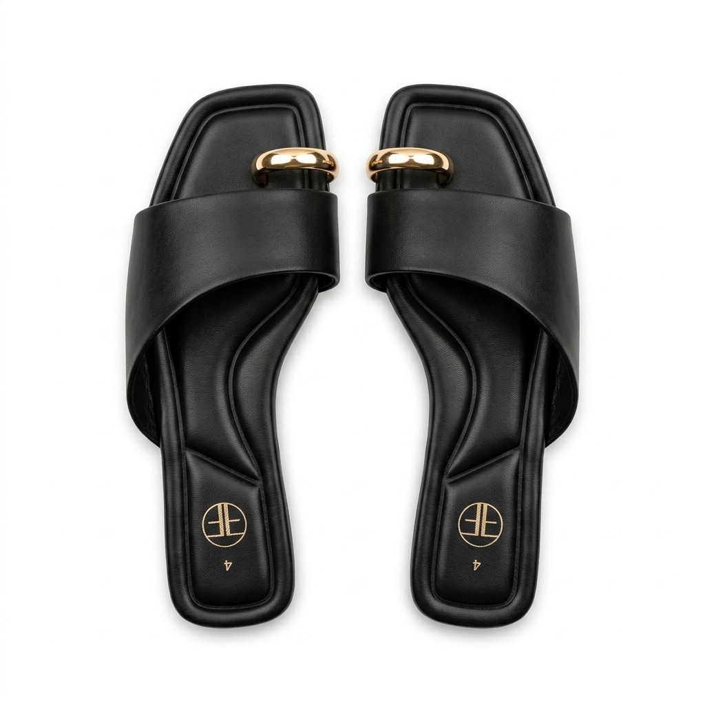Women's Black Flat Sandals with Gold Ring