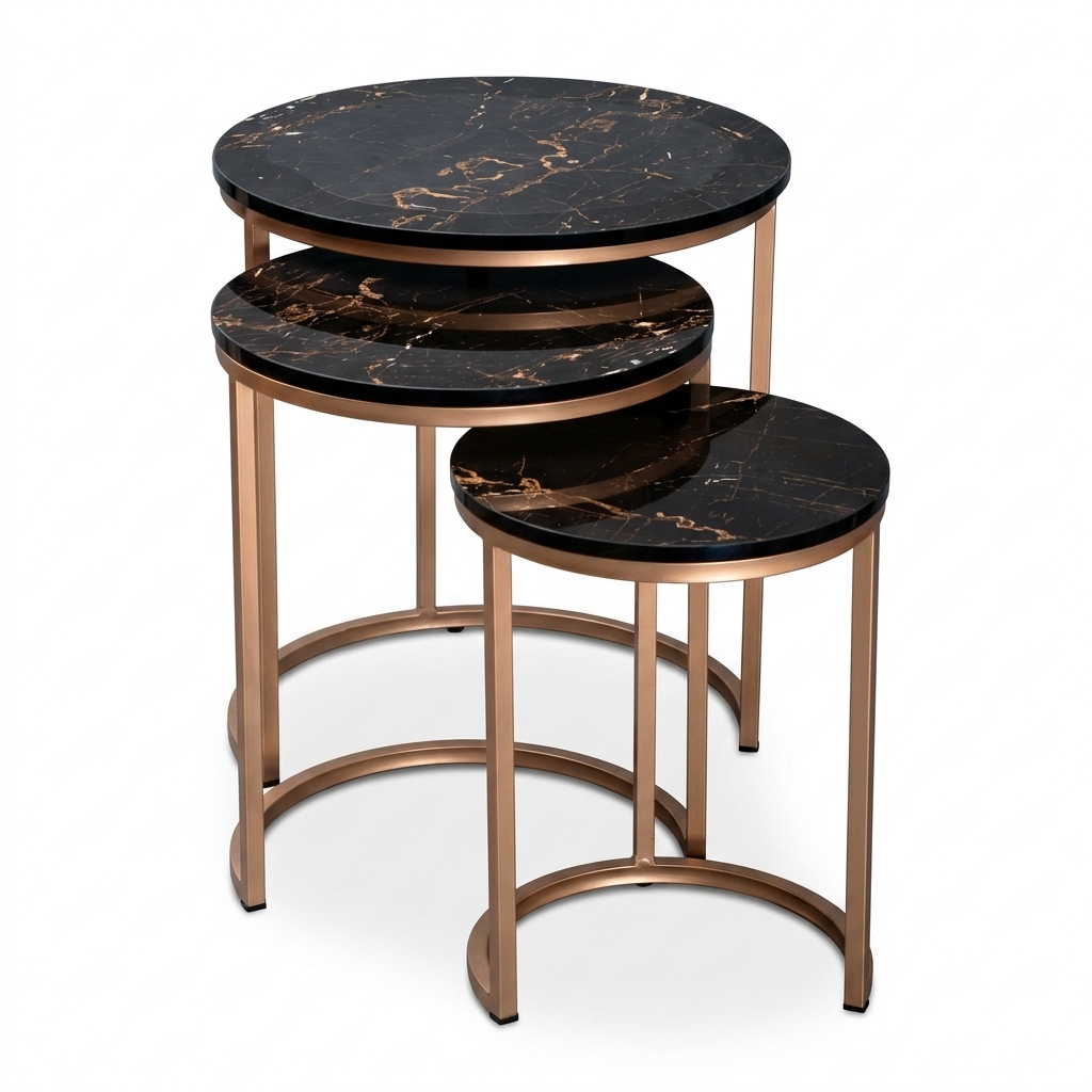 Set of 3 Black Marble Finish Nesting Tables