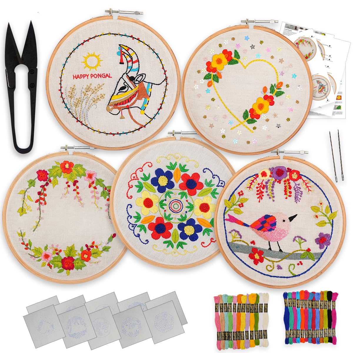 5 Pack Hand Embroidery Kit with Hoops & Floss