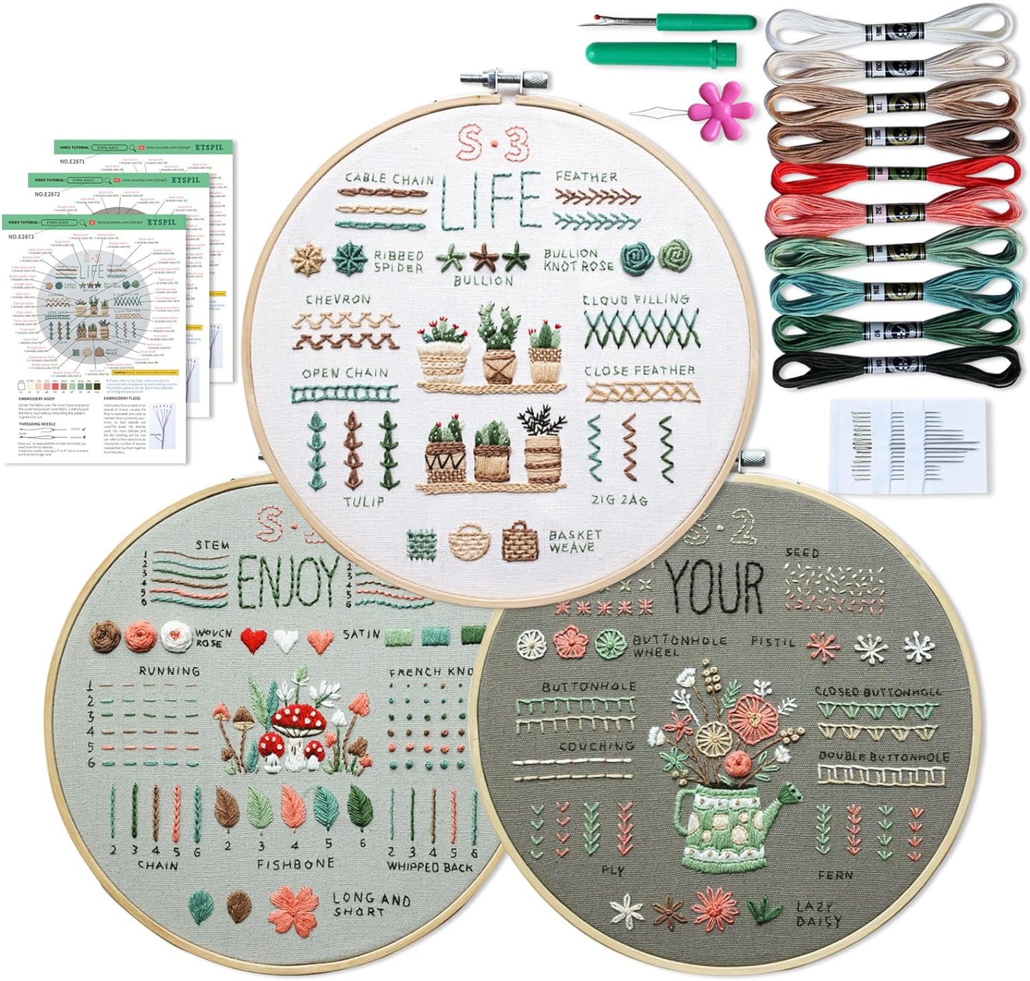 Beginner Embroidery Kit 3 Pack with Patterns & Tools