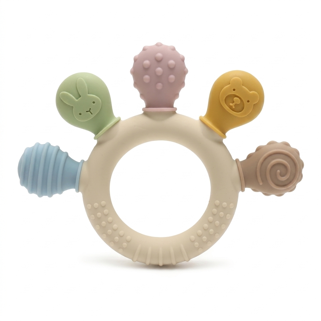 Baby Teether Ring with Multi-Textured Grips & Animal Shapes