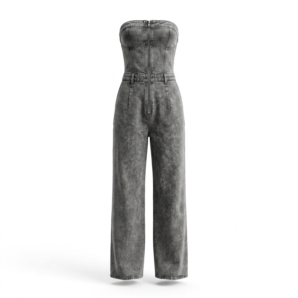Strapless Acid Wash Denim Jumpsuit for Women