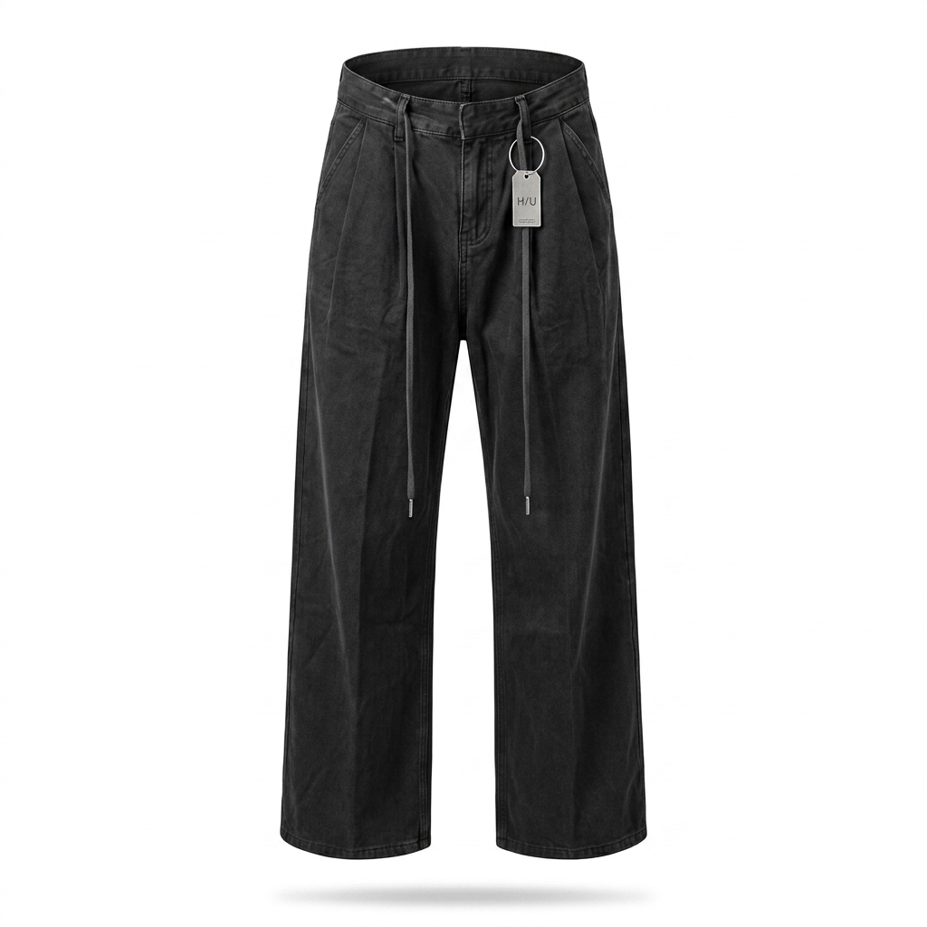 Unisex Washed Black Wide Leg Drawstring Jeans
