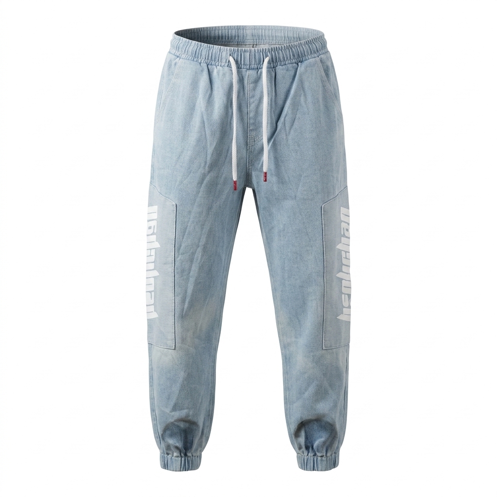 Men's Light Blue Denim Joggers with Drawstring