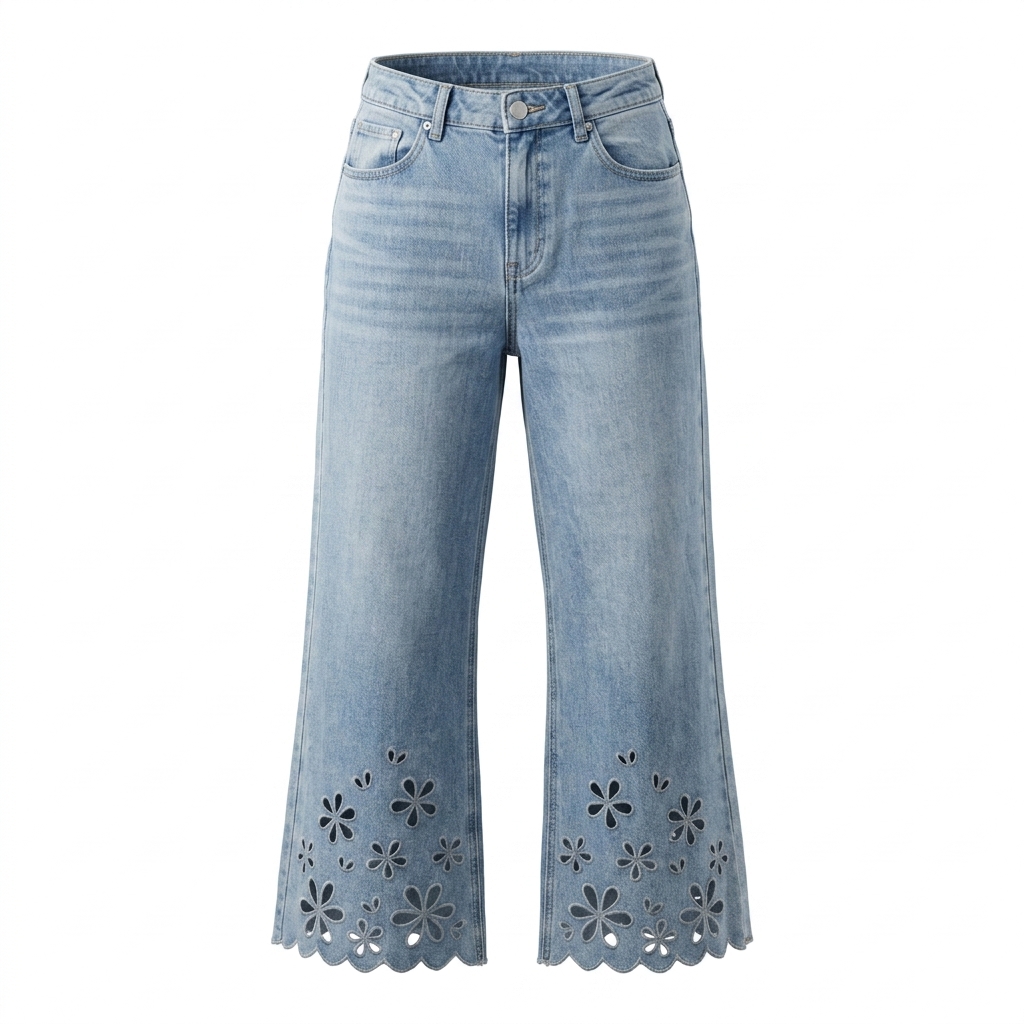 Floral Cut-Out Cropped Wide-Leg Jeans