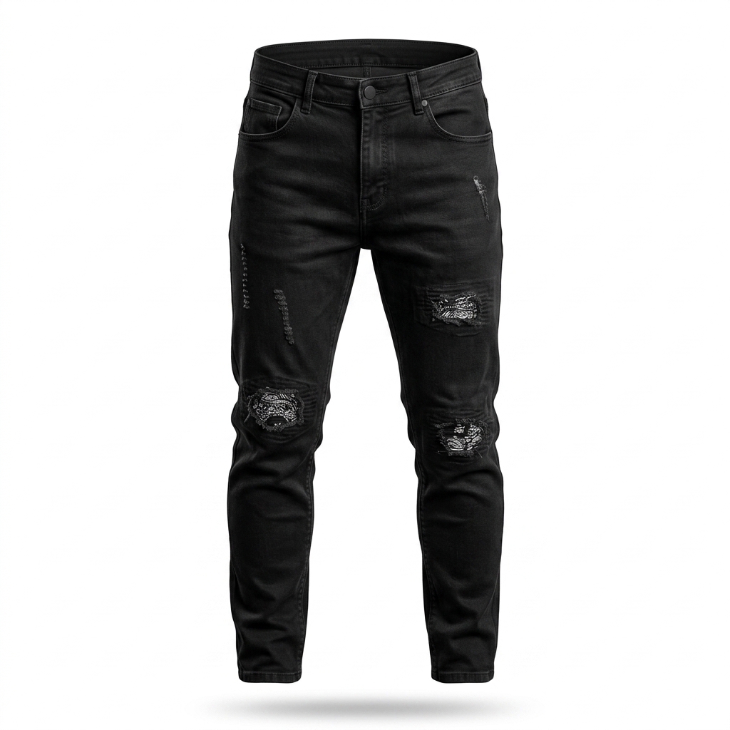 Black Ripped Bandana Patch Jeans for Men