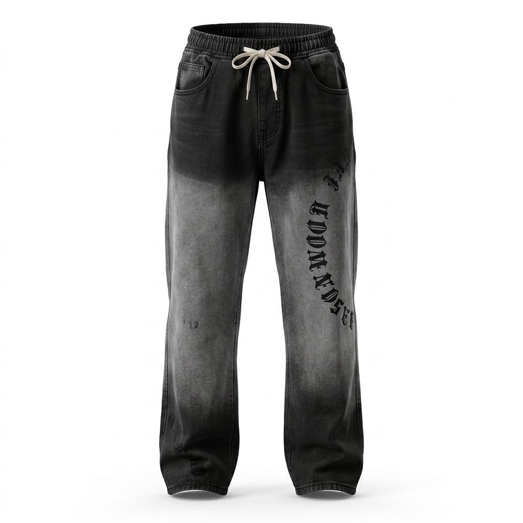 Men's Washed Distressed Drawstring Denim Jeans