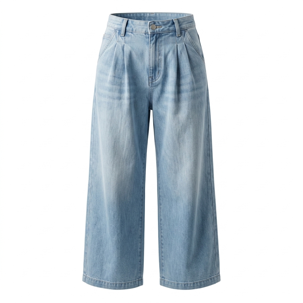 Women's Pleated Wide-Leg Light Wash Denim Jeans