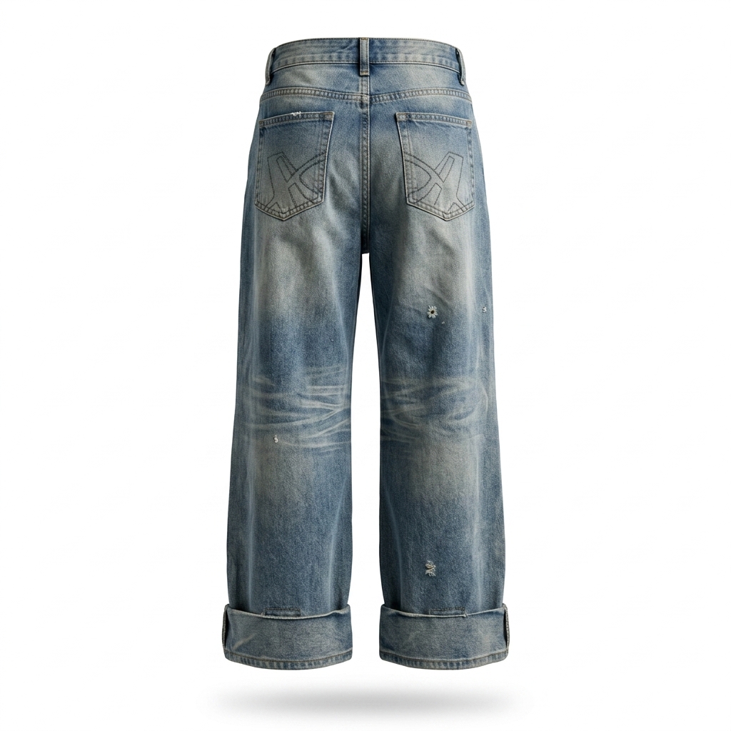 Men's Distressed Wide Leg Cuffed Jeans