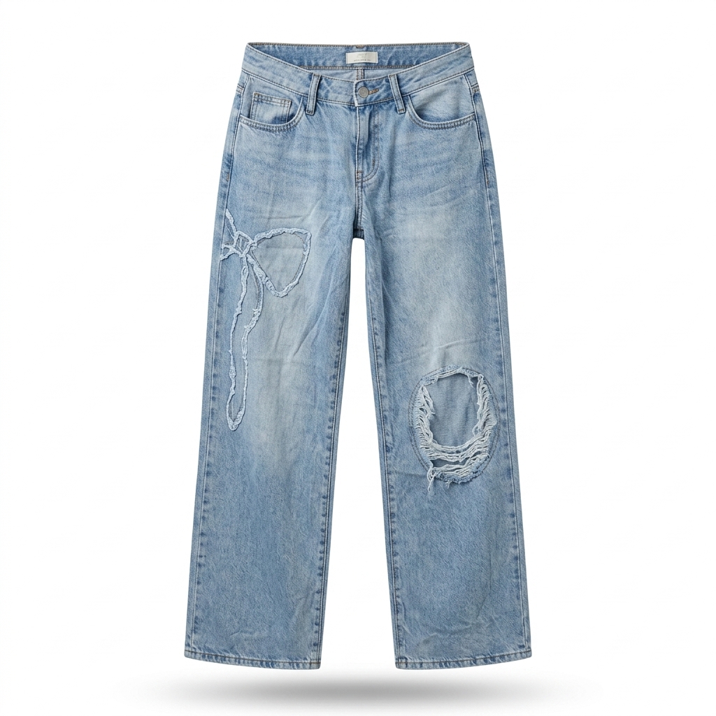 Distressed Wide-Leg Jeans with Bow Detail
