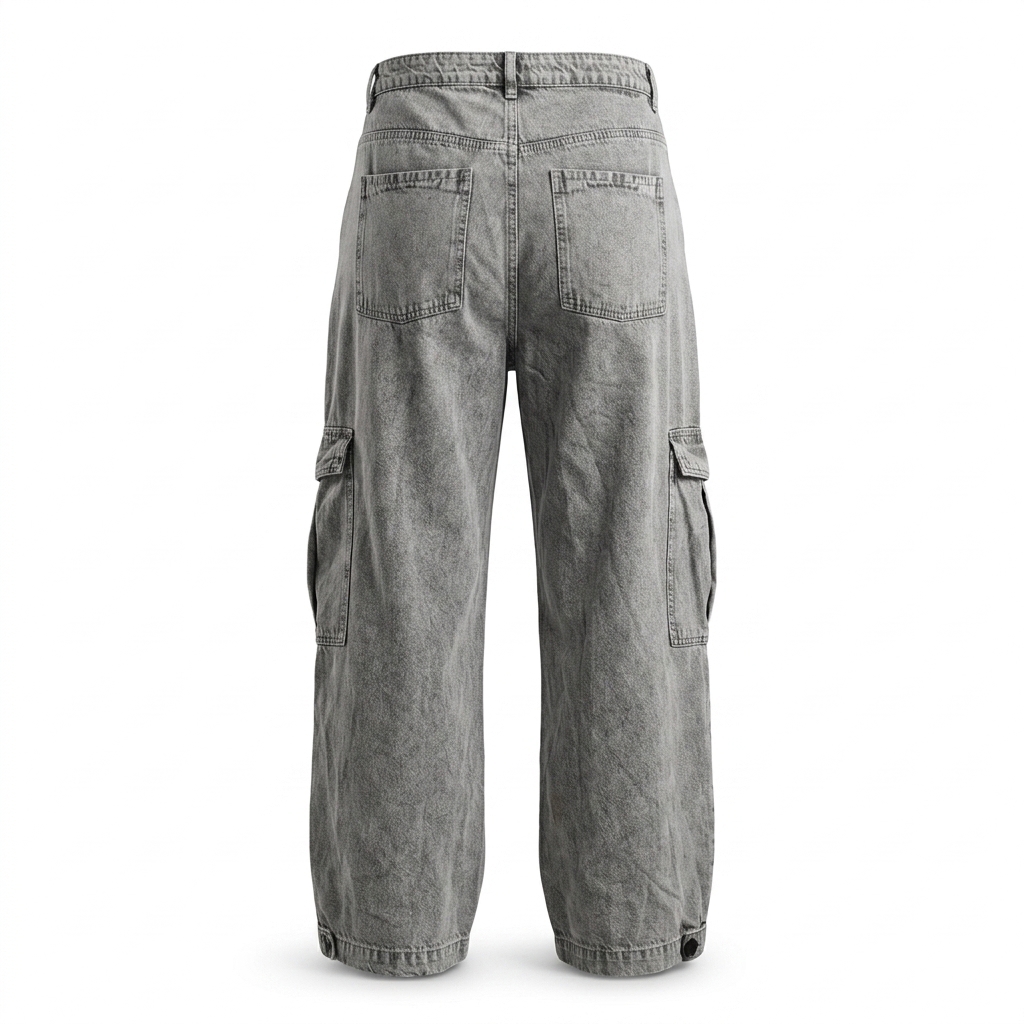 Men's Washed Grey Baggy Cargo Jeans