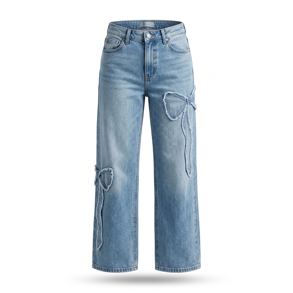 Women's Wide Leg Denim Jeans with Bows