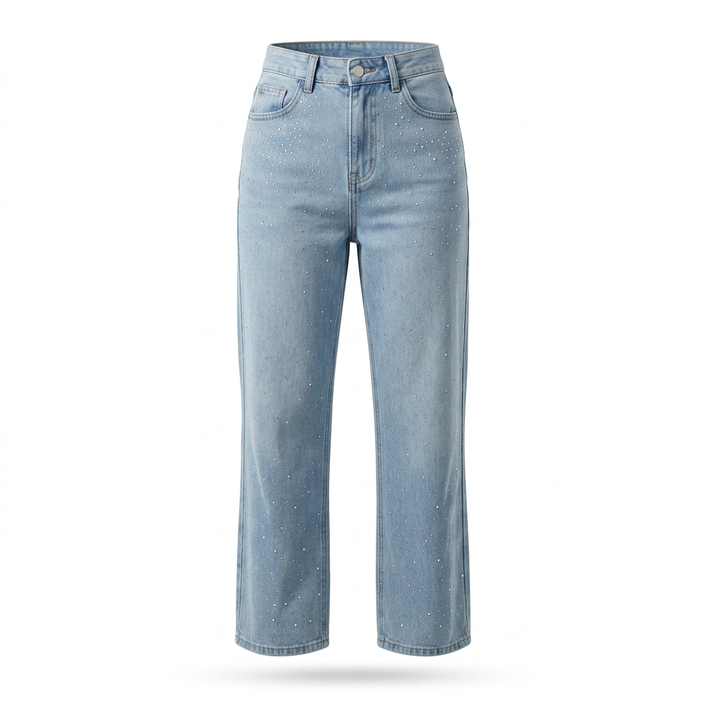 Light Blue Rhinestone Straight Leg Jeans