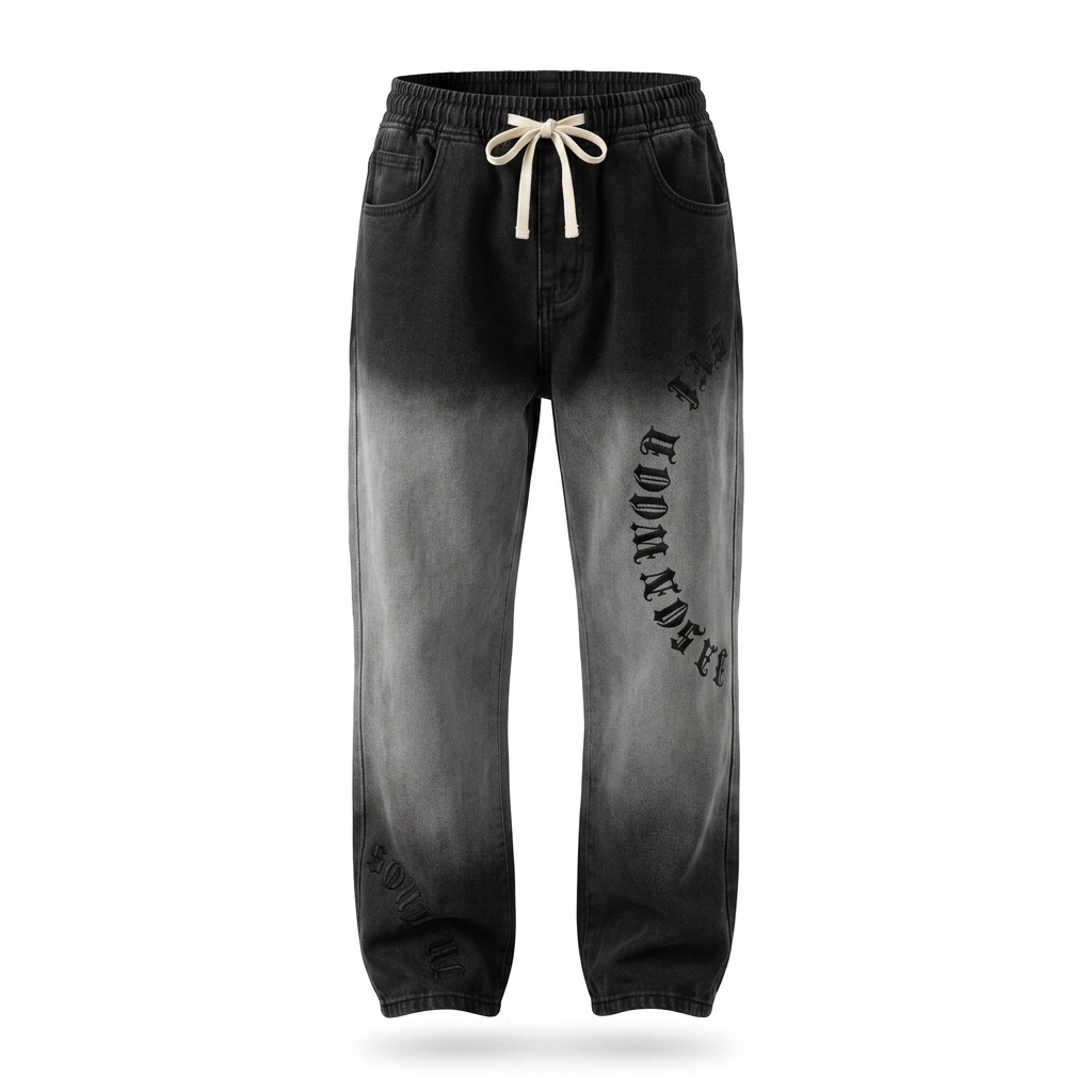 Black Ombre Denim Joggers with Embroidery