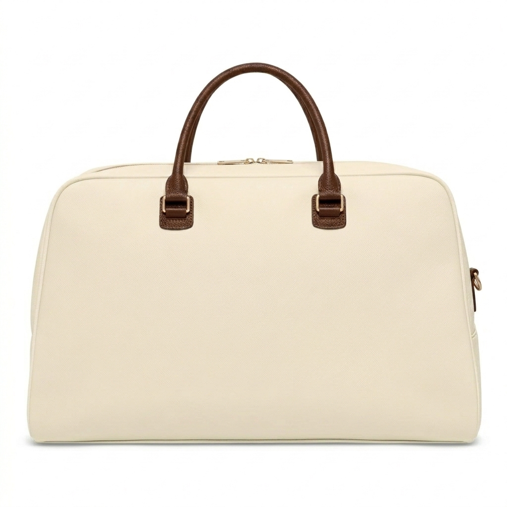 Generic Cream Faux Leather Travel Duffel Bag with Brown Handles