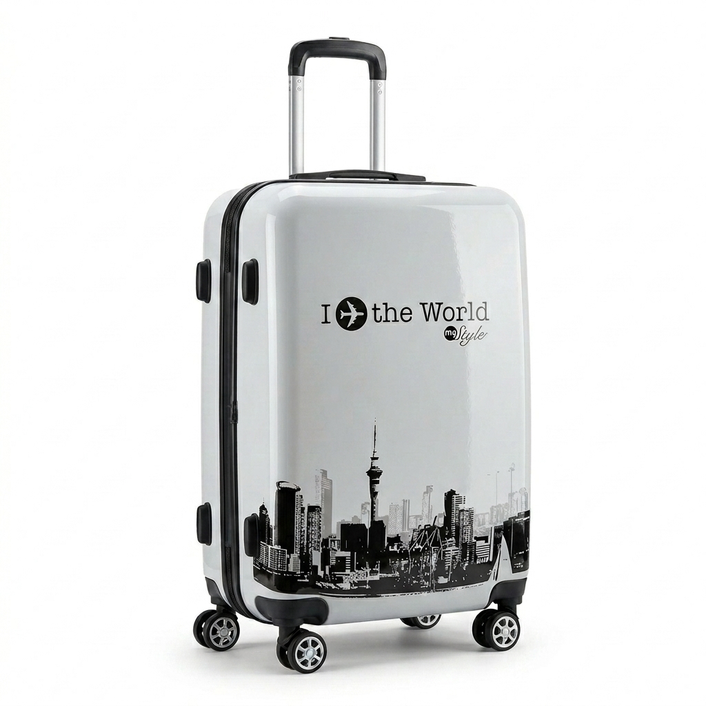 White Hard-Shell Spinner Luggage with Cityscape Print