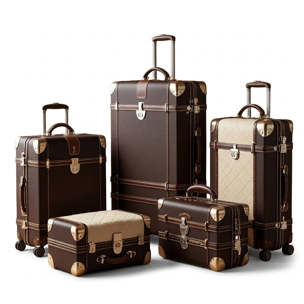 Generic Vintage Style 5-Piece Brown and Beige Luggage Set