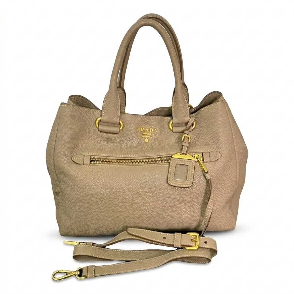 Prada Beige Vitello Daino Leather Tote Handbag with Shoulder Strap